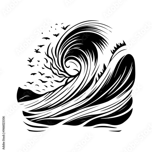 Abstract artistic illustration of a powerful ocean wave and birds flying above