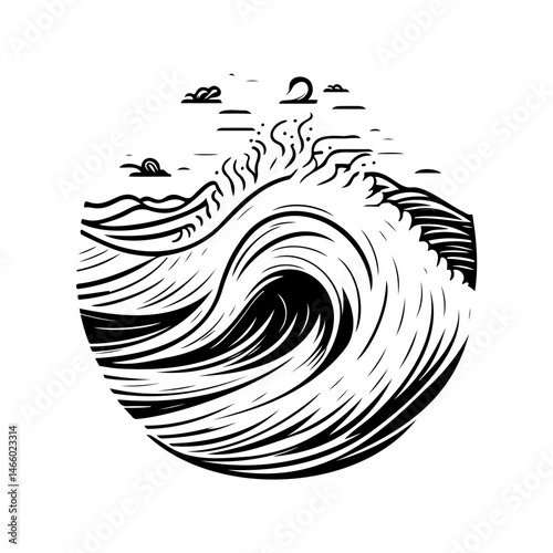 Monochromatic wave artwork evoking a vintage nautical aesthetic illustration