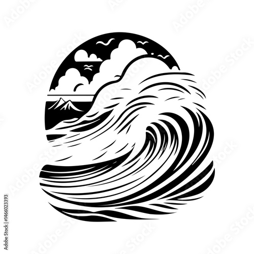 Abstract Ocean Wave Landscape Black and White Illustration Minimalist Artwork