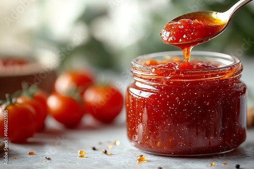 Homemade tomato jam pouring from a spoon into a glass jar with fresh tomatoes