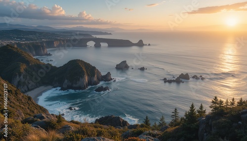 Dramatic Coastal Vista with Arches and Golden Sunset Glow
