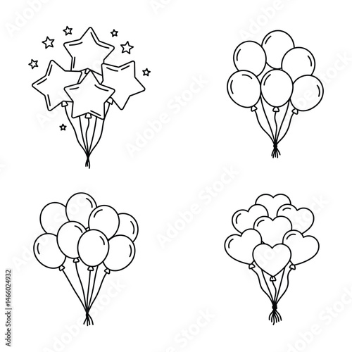 Hand-Drawn Balloon Bundles Collection — Stars, Circles, and Hearts Line Art