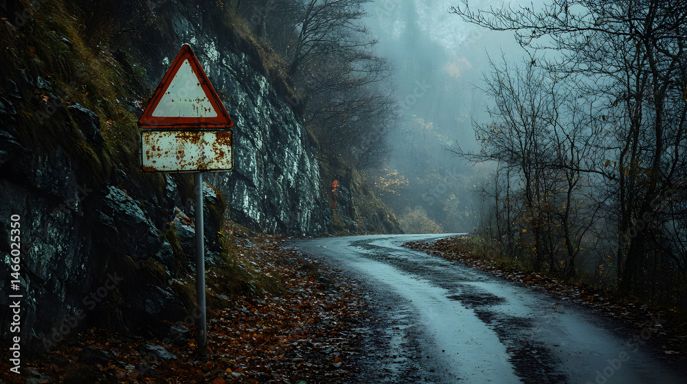 Worn-out road sign warning of falling rocks along rugged cliffside route, captured under moody lighting to reveal the harsh textures, natural erosion, and remote danger in wild outdoors.