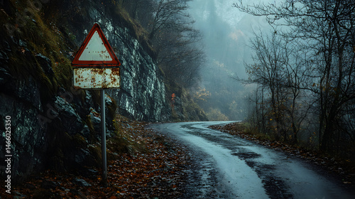 Obraz na płótnie Worn-out road sign warning of falling rocks along rugged cliffside route, captured under moody lighting to reveal the harsh textures, natural erosion, and remote danger in wild outdoors. w salonie