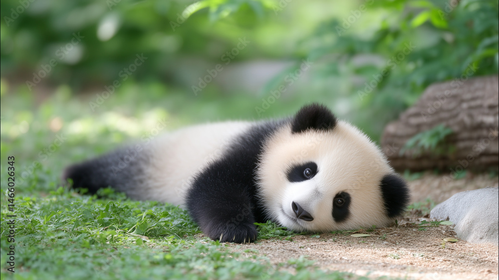 Naklejka premium Panda lying on the ground looking happy