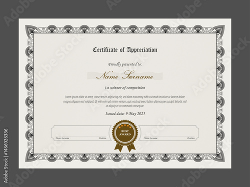 Retro certificate template for company. Luxury elegant certificate of appreciation. Multipurpose stationary template vintage style.
