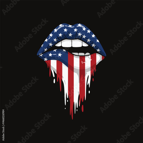 Dripping Lips with American Flag Design Patriotic USA Independence Day Art Vector