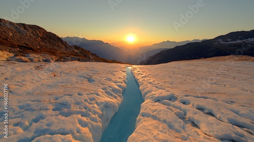 Aerial View of Glacier at Sunset with Deep Blue Crevasse