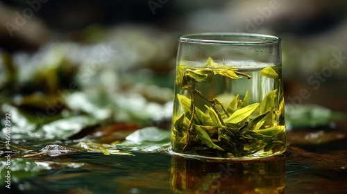 Fresh Green Tea with Tea Leaves in Water – Refreshing, Natural Beverage, Healthy Drink