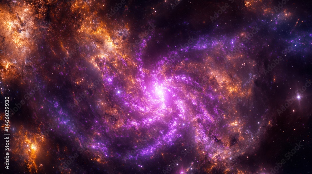 Fototapeta premium Cosmic spiral galaxy ablaze with vibrant colors. Intense nebulae, swirling patterns of deep purple and orange light, illuminate the vast expanse of space