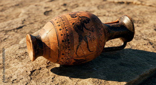 Ancient terracotta vessel fragment featuring intricate black figure art on a rocky surface, evoking classical antiquity.