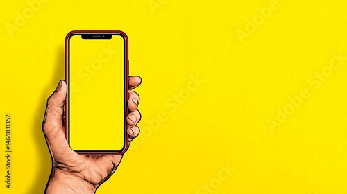 Hand holding red smartphone with blank yellow screen against yellow background Mockup for app presentation or advertisement
