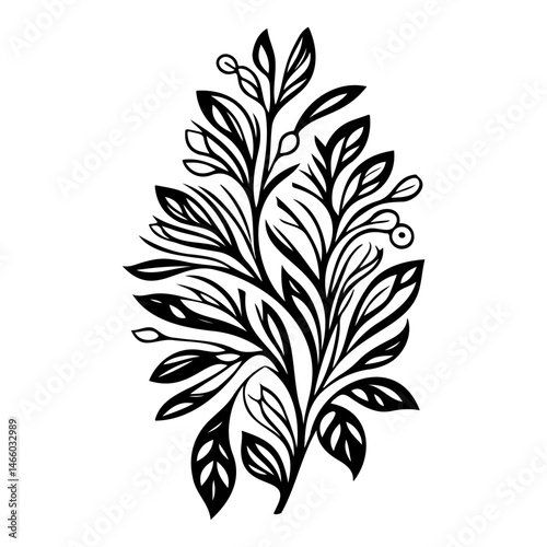 Elegant botanical illustration: stylized leafy sprig with delicate berry accents