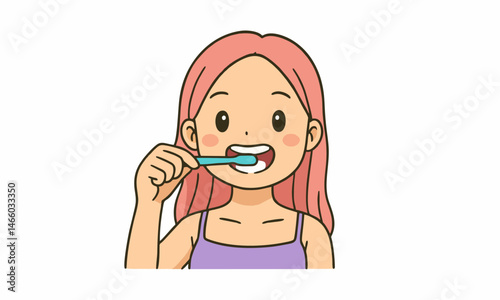 cute woman brushing her teeth cartoon illustration