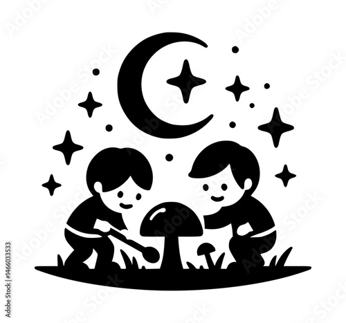 Kids Picking Mushroom Black Vector Logo