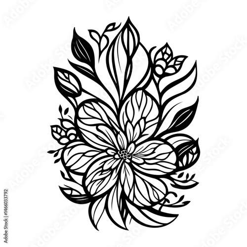 Elegant Botanical Illustration: Ornate Floral Arrangement in Black and White