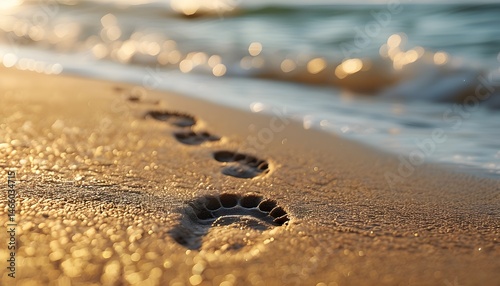 Summer beach footprints coastal shoreline close-up tranquil setting serene perspective journey of a daydreamer