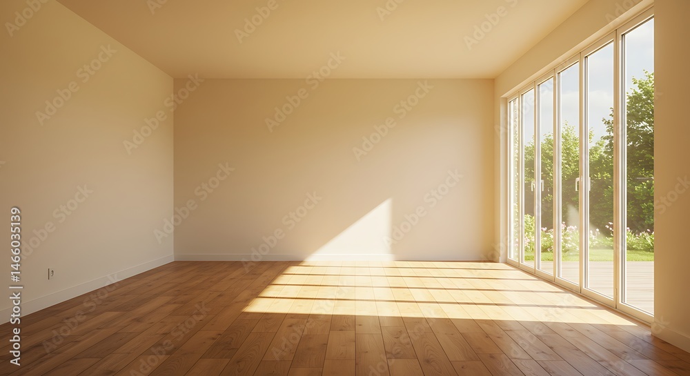Obraz premium empty blank room with big windows, wooden floor and sun lighting