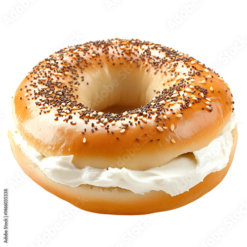 Bagel with fresh cream cheese spread isolated on transparent background