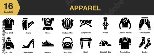 Apparel solid icon set. Includes garment, wear, design, stylish, casual, shirt, outfit, and More. Solid icons vector collection.