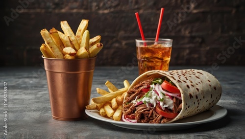 Doner kebab with fries and can of drink