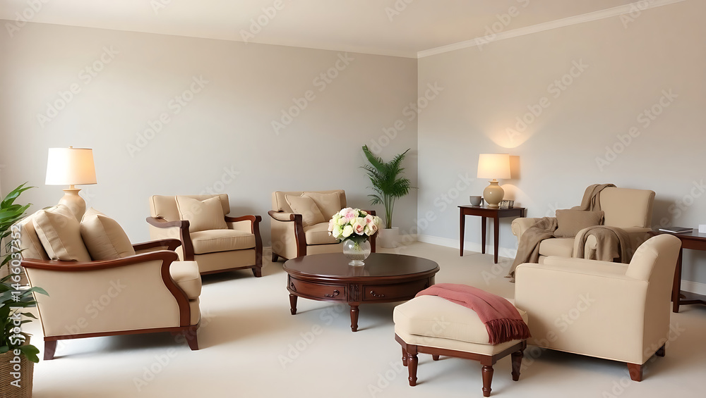 Obraz premium Modern Living Room Interior Design with Neutral Colors and Cozy Atmosphere Featuring Stylish Furniture and Elegant Home Decor