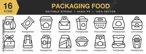 Packaging Food icon set. Editable Stroke Icon Collection. Includes food, product, package, container, retail, packaging, and More. Outline icons vector collection.