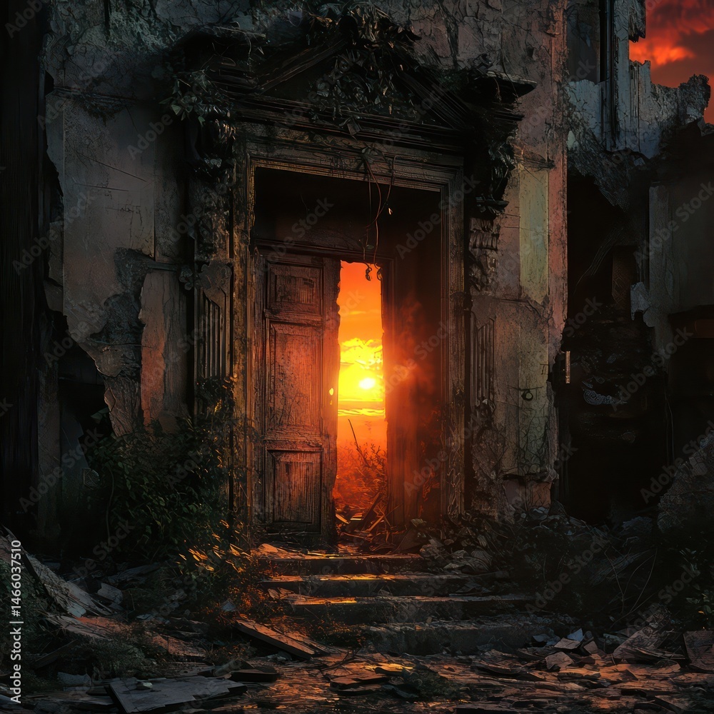Fototapeta premium Glowing doorway in dark ruin