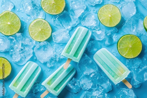 Wallpaper Mural Refreshing light blue popsicles, lime slices and ice cubes on a vibrant blue background Torontodigital.ca