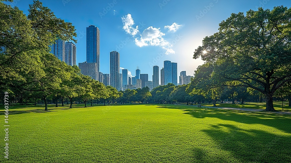 Downtown city skyline with modern high-rise buildings and urban green park under a bright blue sky Downtown city skyline with modern high-rise buildings and urban green park under a bright blue sky