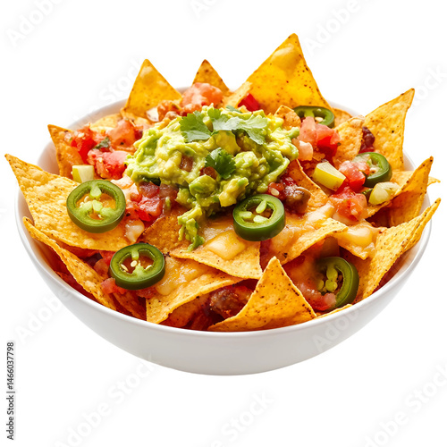 Loaded nachos with cheese guacamole salsa and jalapeños isolated on transparent background