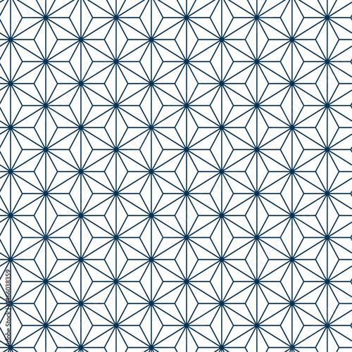 Asanoha seamless traditional Japanese pattern. Geometric hemp leaf motif in navy blue. Repeating background for textile, cultural, and decorative Japanese design themes