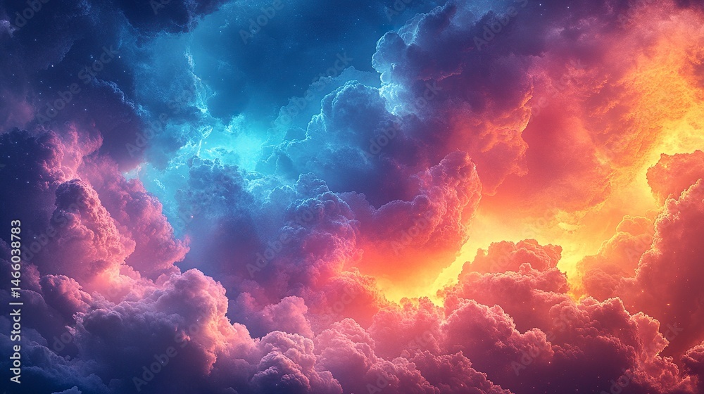 Fototapeta premium Dreamlike sky with intense multicolored storm clouds and dynamic lighting 