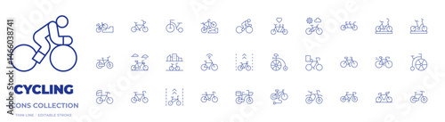 Cycling icons collection. Thin Line icons, editable stroke. bicycle, bike, bycicle, tricycle, bmx, electric bike, delivery bike, cycling, cycle, bike lane