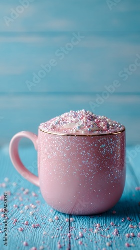 Wallpaper Mural Pink mug filled with pink cream and sprinkles sits on a blue wooden surface, showcasing a sweet and delightful drink concept, perfect for blogs or cafe websites Torontodigital.ca