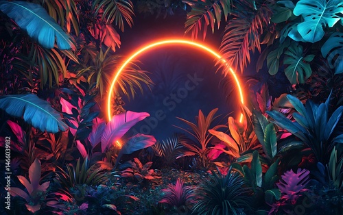 Neon circle glows brightly amidst a lush arrangement of tropical foliage under a dark sky