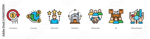 Economic Adaptation web banner icon sheet devaluation, economy, self growth, distributor, relationship, b2c, market research