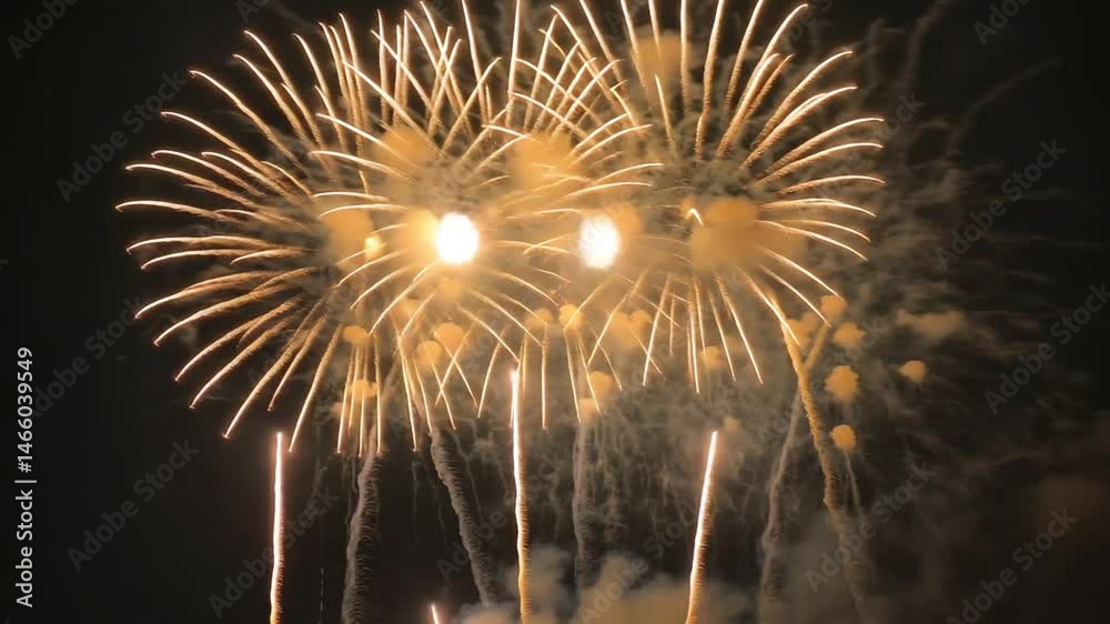 Multiple golden fireworks exploding at once in the sky during a festive evening celebration, creating bright trails and loud visuals for a city crowd