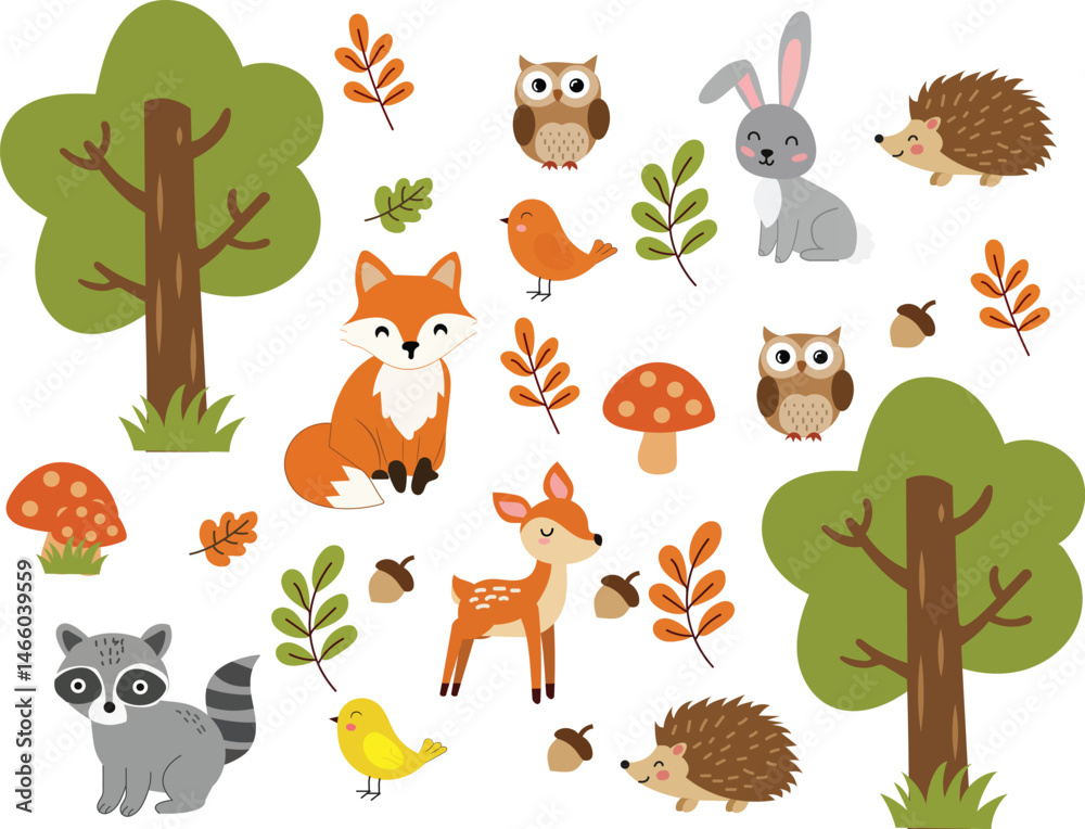 Naklejka premium Cute Forest Animals and Trees Clipart Cartoon Woodland Set on White Background