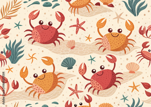 Seamless pattern of cute red and orange cartoon crabs