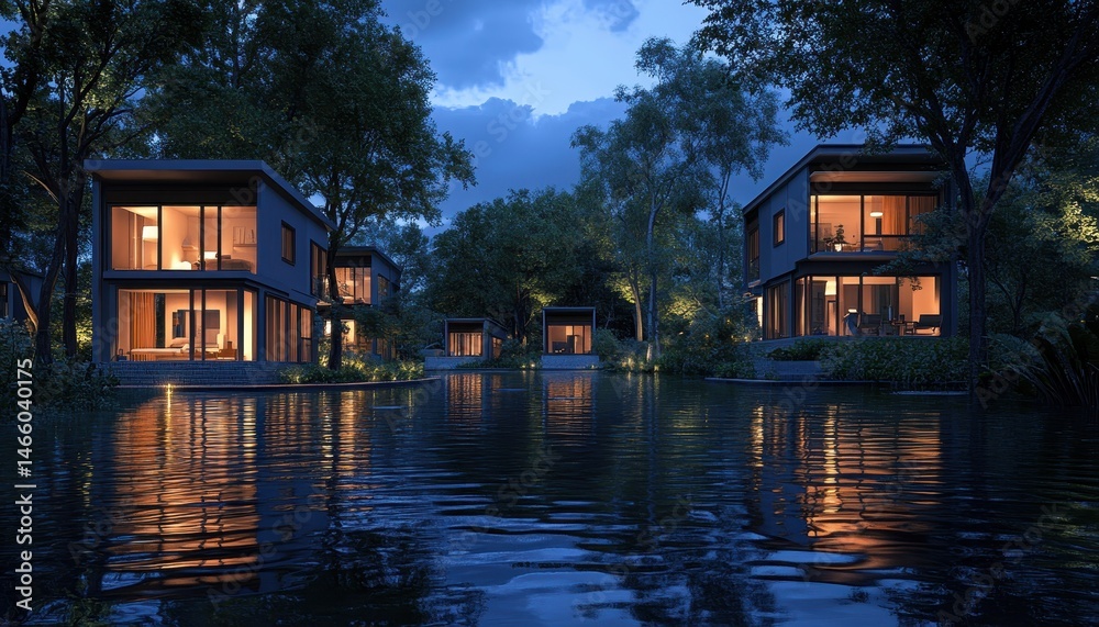 Obraz premium Modern Houses in Forest at Night Reflecting in Water