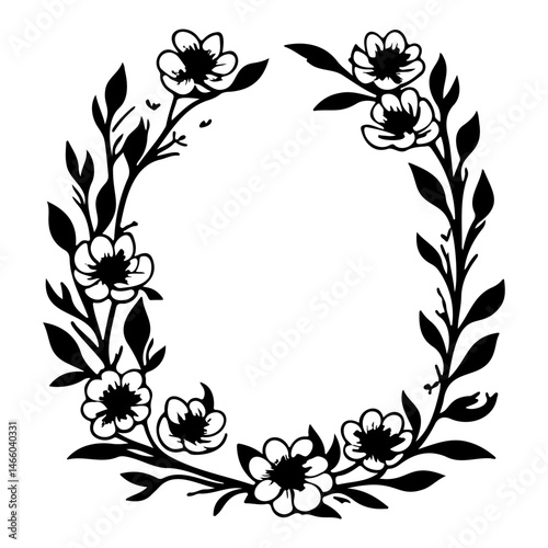 Elegant botanical frame created from flowers and leaves with a central copy space