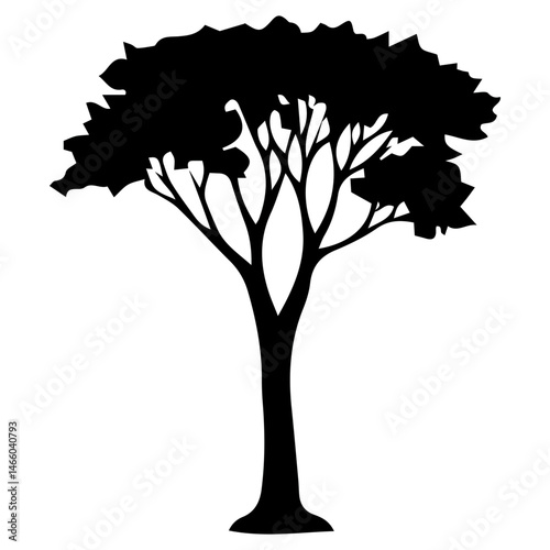 Diverse Tree Silhouette Collection, Coniferous, Deciduous, and Bare Branch in Vector Format, 
Black and White Vector Illustration, Variations of Tree Shapes from Broadleaf to Needle-leaf