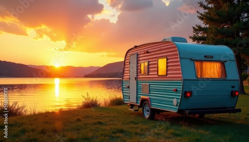 A vibrant travel trailer parked by a serene lake at sunset, reflecting the golden light , trailer, camper, travel