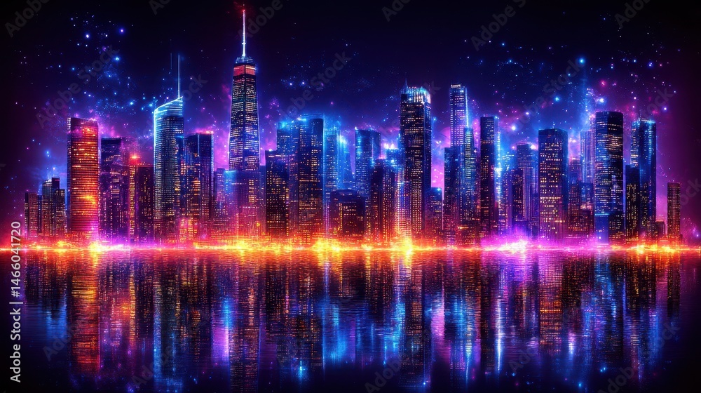 Obraz premium Futuristic urban landscape with vibrant city lights reflecting i