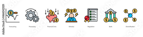 Financial forecast icon sheet web banner vector forecasting, processing, financial crisis, stimulus, regulation, bank, diversification
