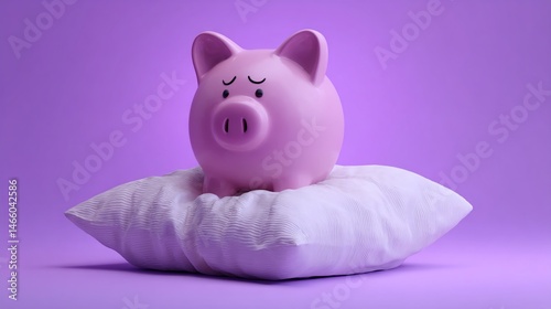 Pink piggy bank sits on a textured white pillow against a purple background, showcasing a concept of saving money or financial rest