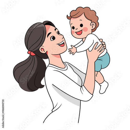 Happy mother lifting her baby joyfully playful illustration, Happy mother's day design concept vector element 