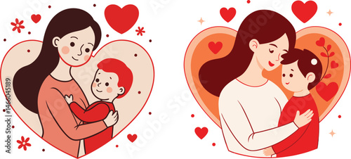 Mothers love their children unconditionally hearts surround them, Mother holding her child in a love shape vector illustration, Happy mother's day card design vector element 