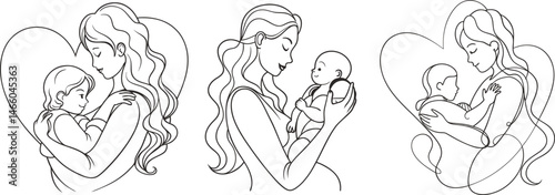 Mothers embracing her children tender love bond, Mothers and babies line art illustrations motherhood love family, Happy mother's day card design vector element 